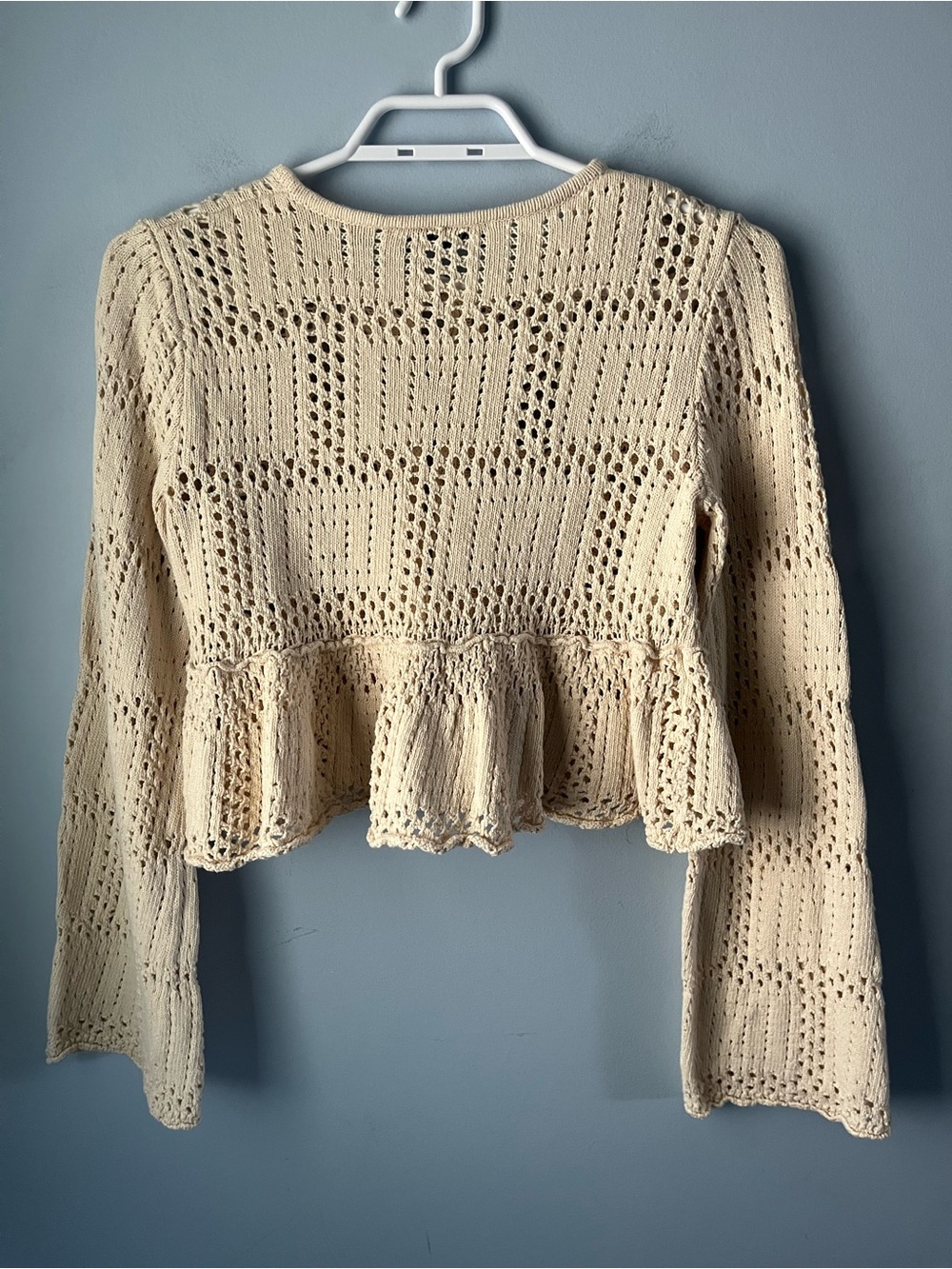 Zara Cream 100% Cotton Crochet Peplum Button-Up Long Sleeve Top Size S - Picture 2 of 7